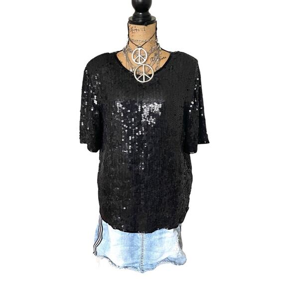 NWT - VINTAGE - 100% silk women Glam Boho black sequins short sleeves top MEDIUM - Picture 1 of 14